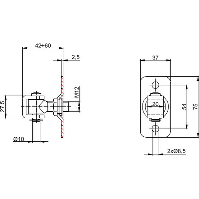 Zawias regulowany M12 z podstawą 75x37mm - rysunek techniczny