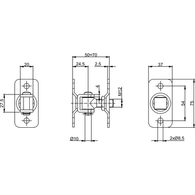 Zawias regulowany M12 z podwójną podstawą - rysunek techniczny