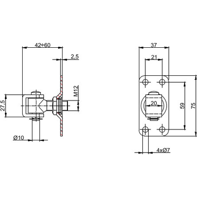 Zawias regulowany M12 z podstawą 75x37mm - rysunek techniczny